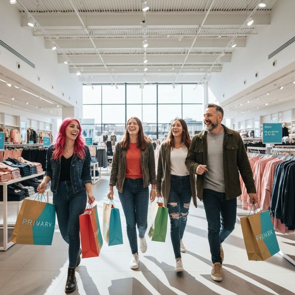 Happy shoppers with Primark bags